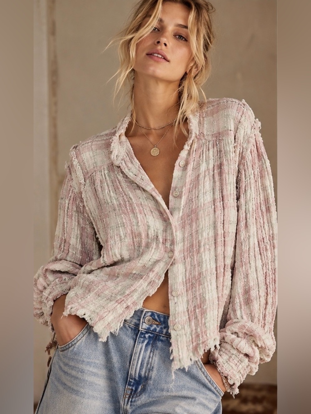Free People We The Free Pink Cream Metallic Textured Top XS/S